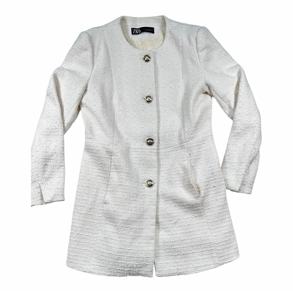 ZARA White Textured Coat Dress Jacket Women Size L Elegant Button Front Blazer - Picture 2 of 11